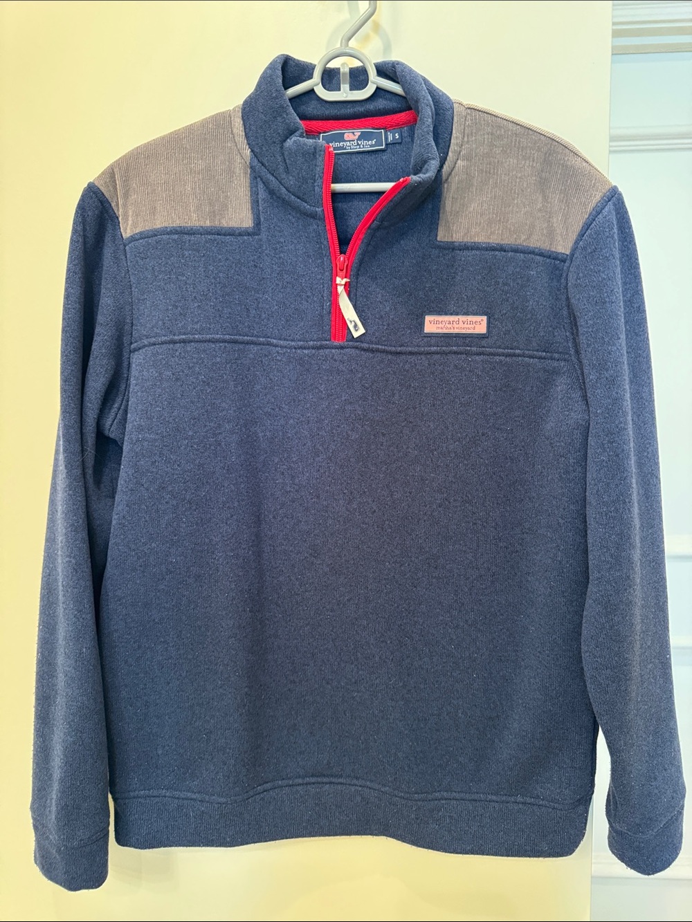 Vineyard Vines Navy Pullover with Gray Shoulders and Red Zip